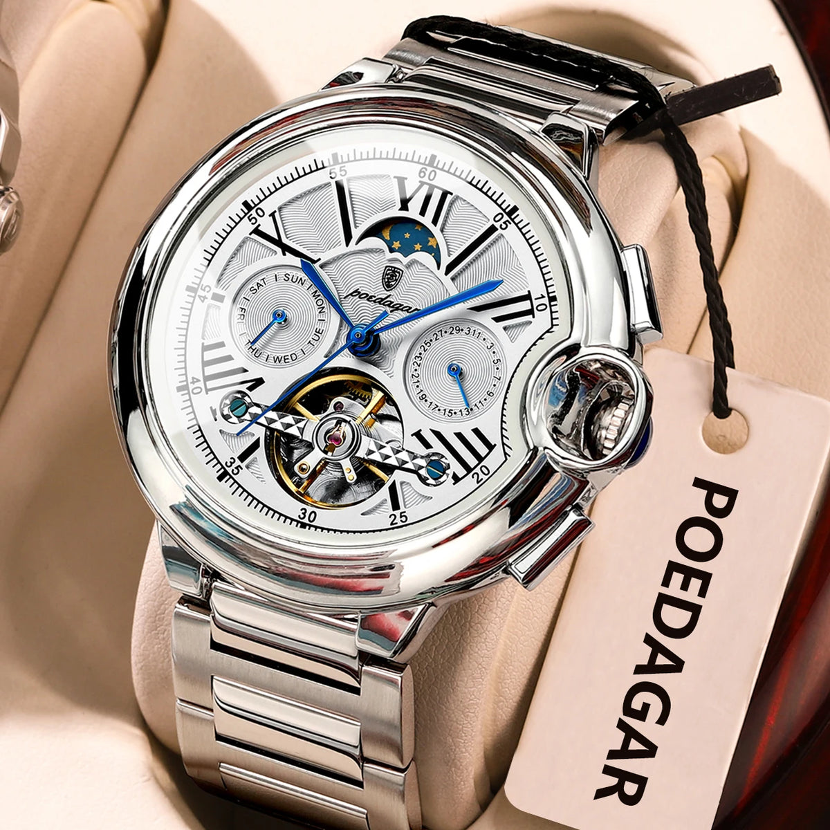 Reloj POEDAGAR de lujo para hombre, de negocios, con fecha, día, tourbillon de acero inoxidable, reloj mecánico automático impermeable para hombre