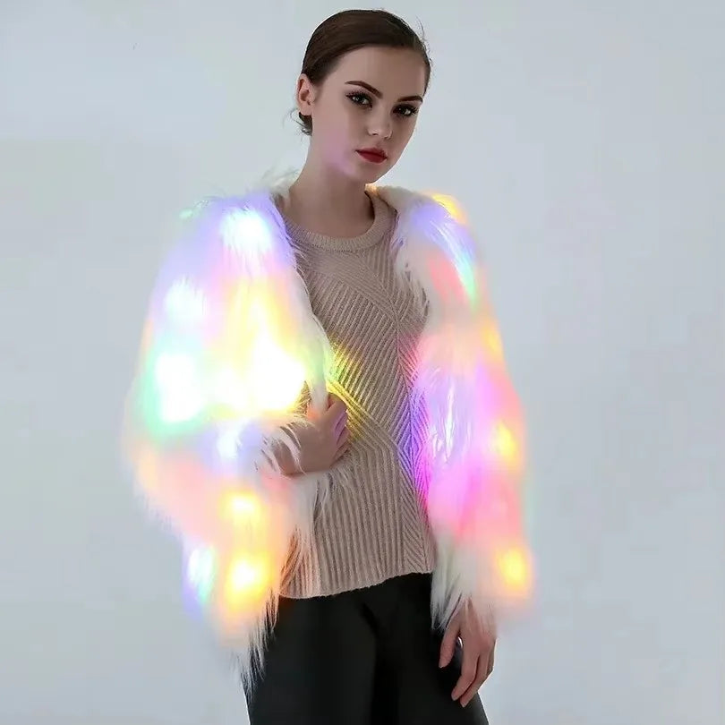 Abrigo de piel sintética para mujer, disfraces de Cosplay de San Valentín, chaleco con capucha cálido multicolor, chaqueta LED brillante, abrigo de baile de fiesta iluminado