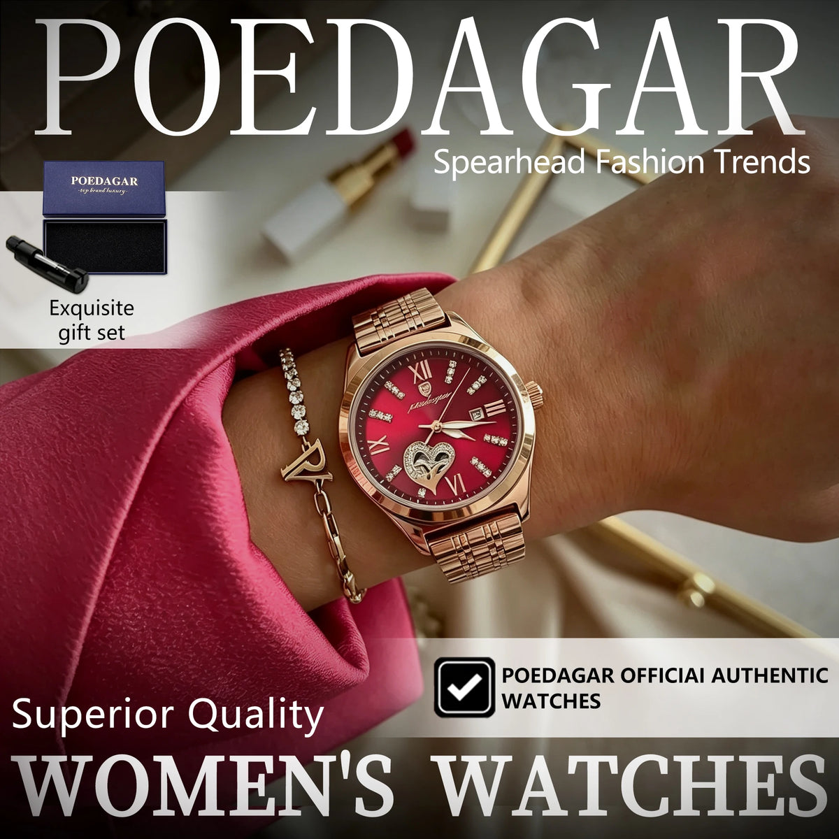 POEDAGAR Reloj de pulsera de lujo para mujer, resistente al agua, luminoso, con fecha, de cuarzo, elegante, para dama