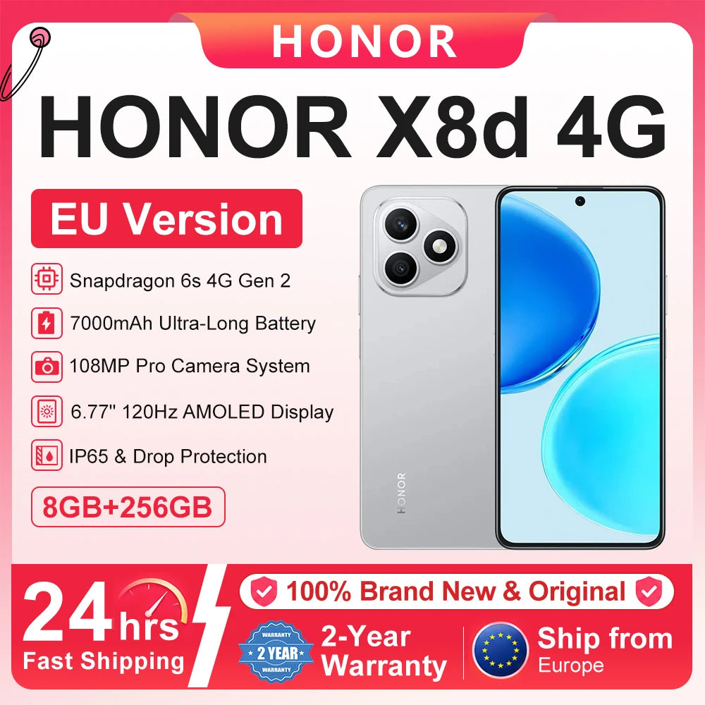 Smartphone Honor X8D versión UE Snapdragon 6S 4G Gen 2, pantalla AMOLED de 6,77", batería de 7000 mAh, carga superrápida de 45 W, cámara principal de alta definición de 108 MP, IP65