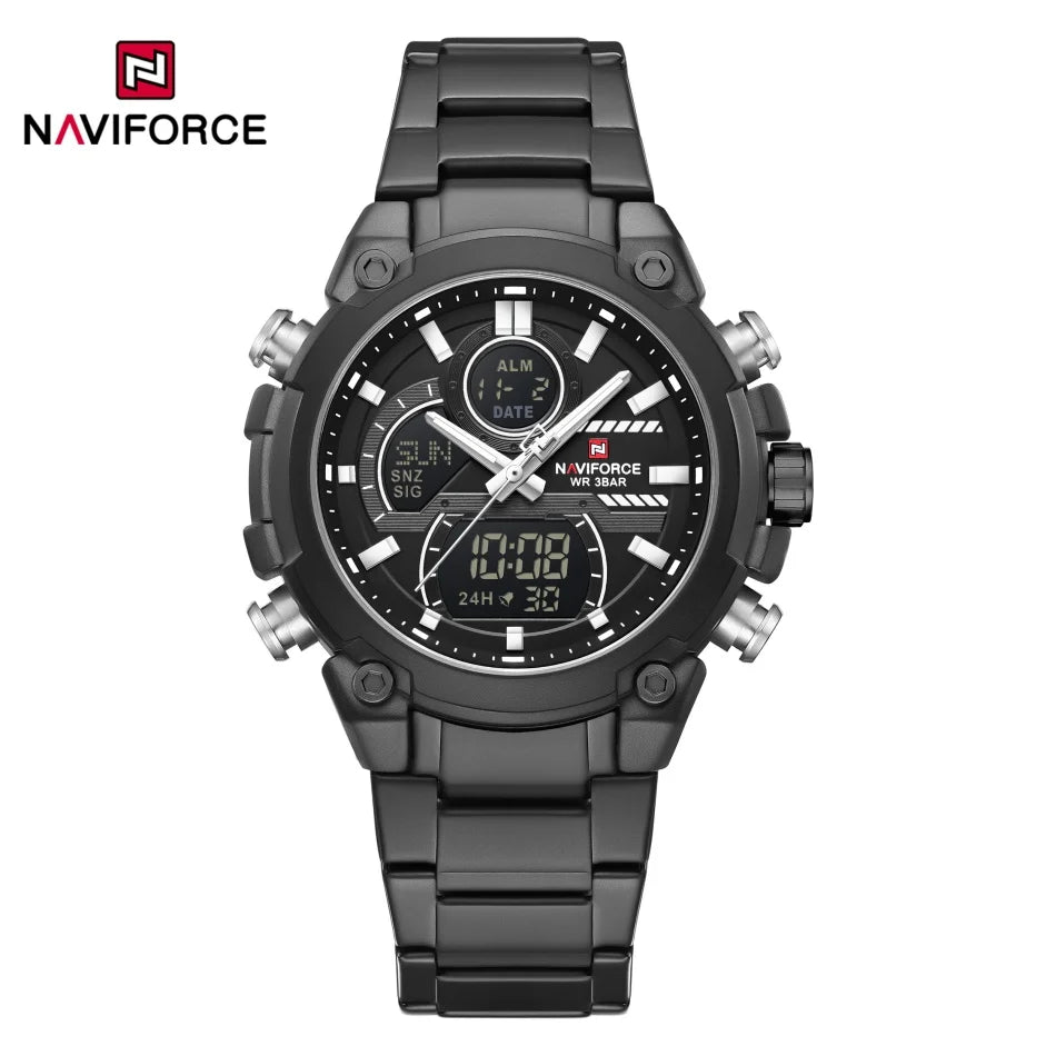 Nuevo reloj para hombre NAVIFORCE, resistente al agua, con cuenta regresiva, deportes, doble pantalla, reloj de pulsera de cuarzo, LCD, luminoso, alarma y reloj digital.