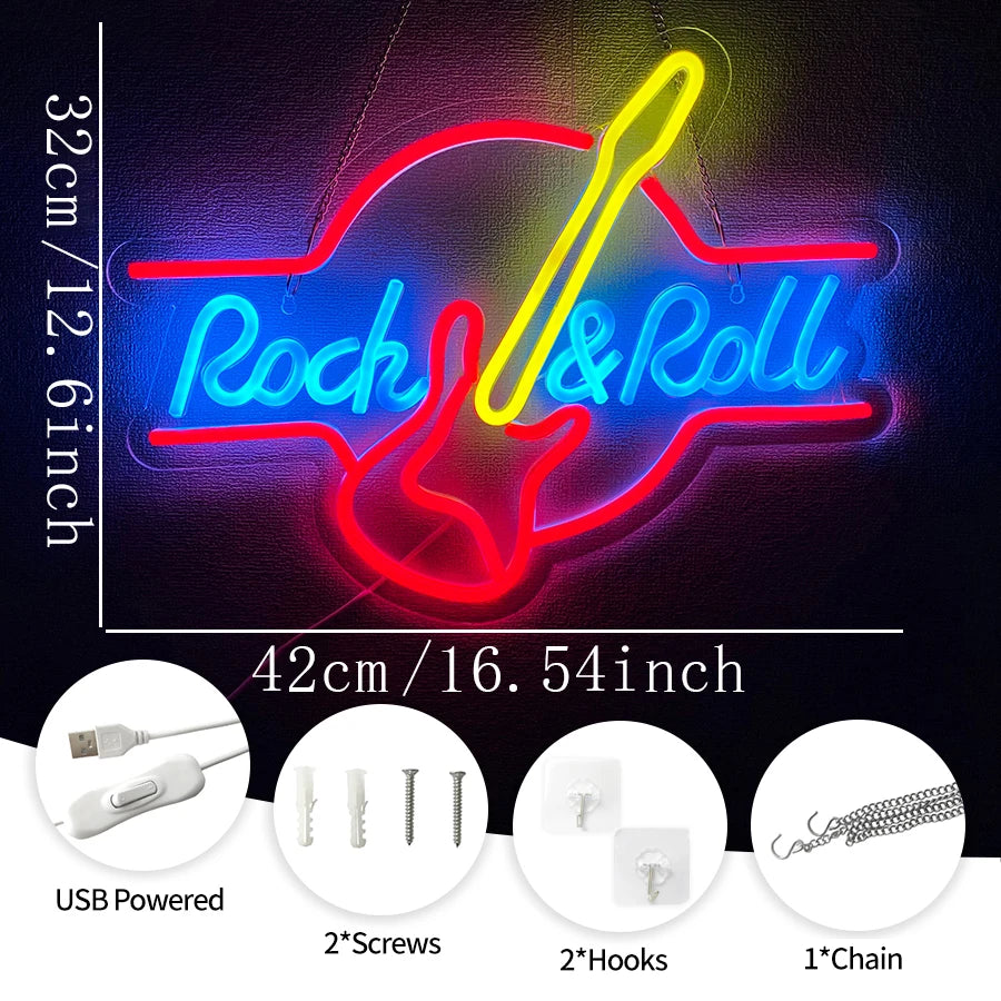 Letrero neón LED USB con guitarra Rock & Roll, 42 cm, incluye tornillos y ganchos