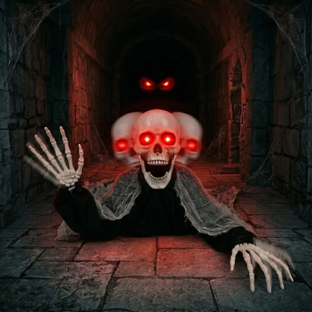 Fantasma de Halloween con Control por Voz, Ojos Rojos Brillantes, Movimiento Automático de Ambas Manos, Cabeza de Zombi Sangrienta que se Balancea en el Patio
