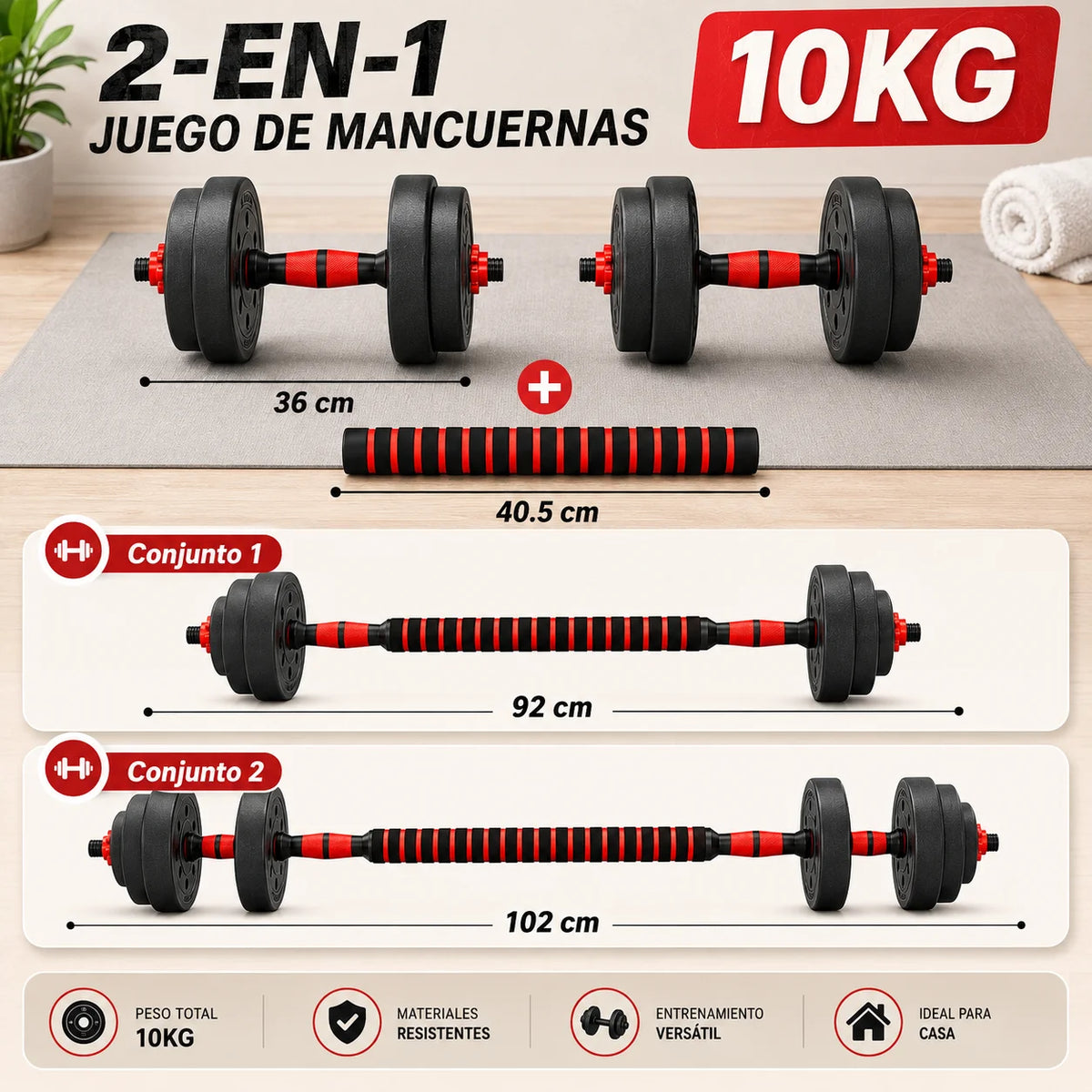 Mancuernas y Kit de Pesas 10kg 15kg 20kg 30kg 40kg, Juego de Pesas 2 en 1 con Barra Recta y Discos Recubiertos, Mancuernas para Fitness en Casa, Musculación, Entrenamiento de Fuerza, Ejercicios de Gimnasio y Deportivo