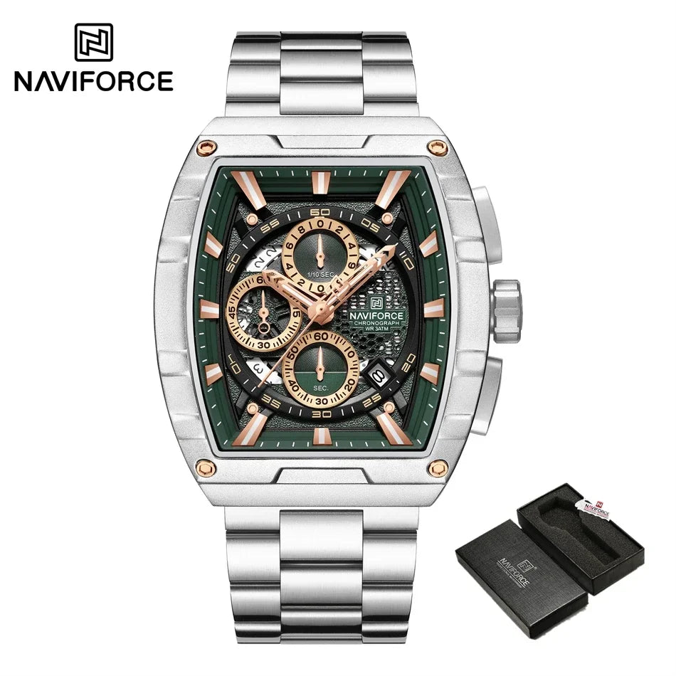 Reloj de cuarzo con cronógrafo para hombre NAVIFORCE, moderno, deportivo, para exteriores, para viajes, original, regalo para hombre, nuevo estilo, diseño Tonneau