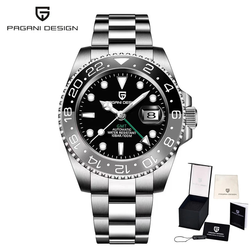 PAGANI DESIGN 40mm Reloj mecánico de lujo para hombre, reloj GMT de acero inoxidable, marca de alta gama, cristal de zafiro, relojes para hombre