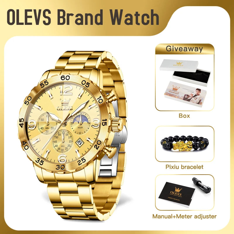 OLEVS 3678 Mens Watch Original Stainless Steel Quartz Watch Waterproof Luminous Moon Phase Watch Automatic Date Mens Gifts Reloj