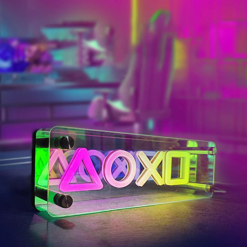 Lámpara de neón LED 3D con letras XOXO en colores sobre marco acrílico transparente