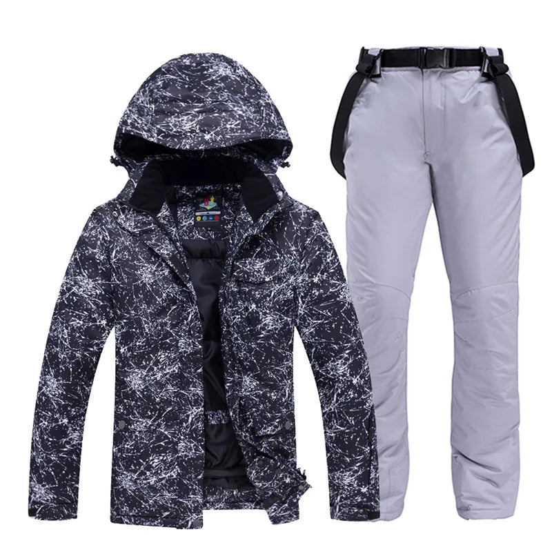 -30 Conjuntos de trajes de nieve blancos para hombres o mujeres Ropa de invierno al aire libre Ropa de snowboard Disfraces impermeables Chaqueta de esquí + Baberos de pantalón de nieve