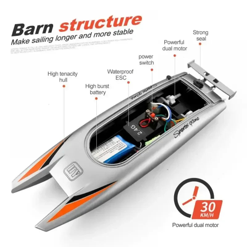 Lancha rápida RC 2.4G de alta velocidad, barco a control remoto de 30 km/h con doble motor, resistente al agua y evasión de obstáculos, juego para niños, regalo para niños.