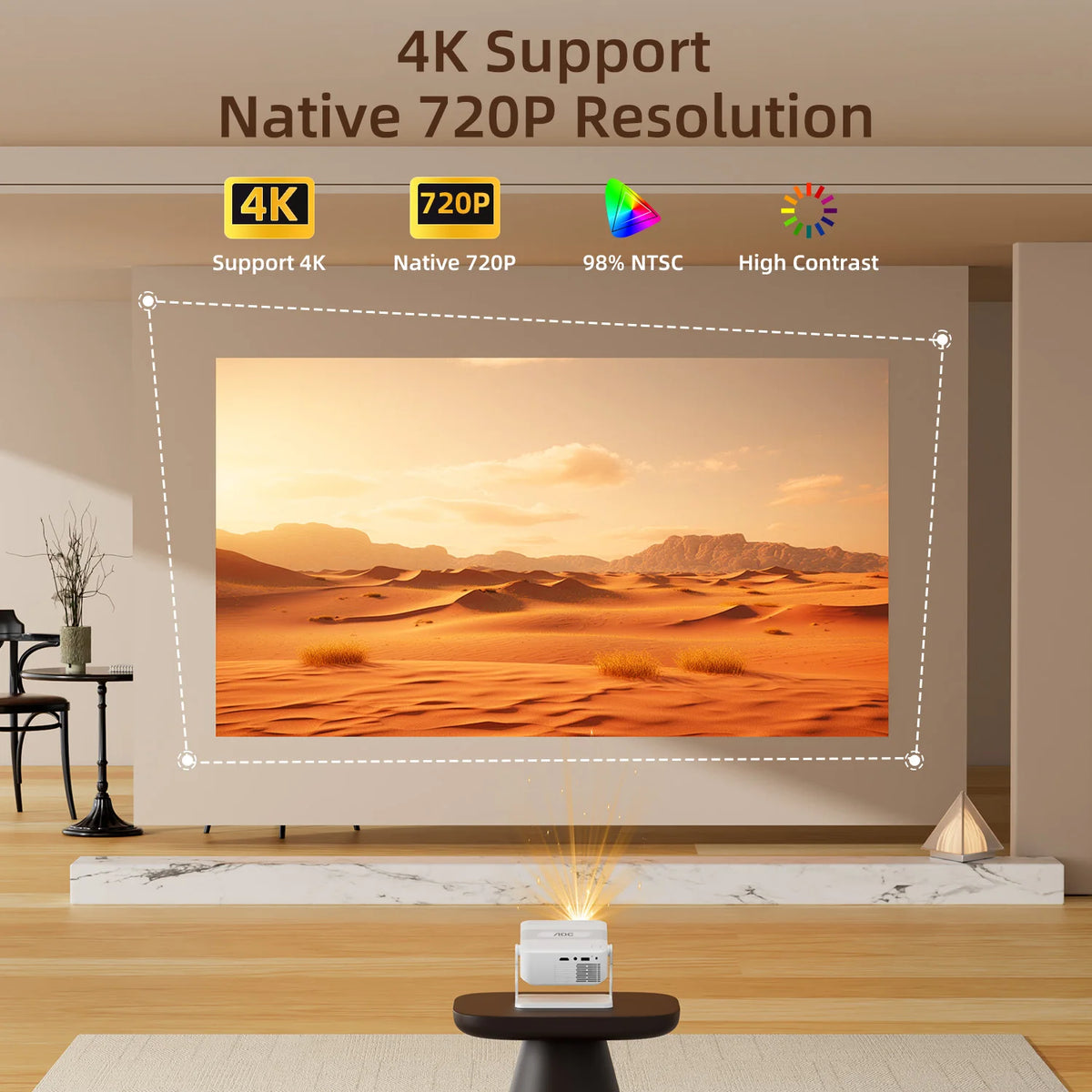 Proyector mini blanco con lente frontal y base, funcionando sobre soporte.