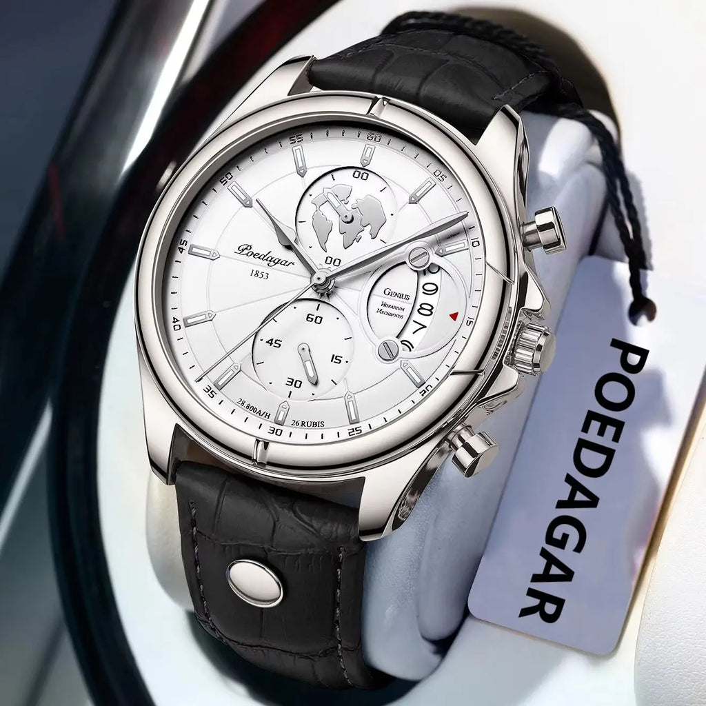 POEDAGAR Reloj de Pulsera de Lujo para Hombre Cronógrafo Fecha Impermeable Cuero Relojes de Cuarzo Casuales para Hombre Reloj Deportivo Masculino Reloj