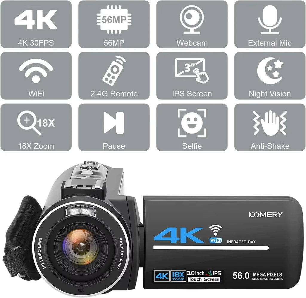 Cámara de vídeo Digital 4K de 56MP, videocámara Vlogging de visión nocturna infrarroja 18X, pantalla táctil de 3,0 pulgadas, cámara web WIFI para Youtube y vivo