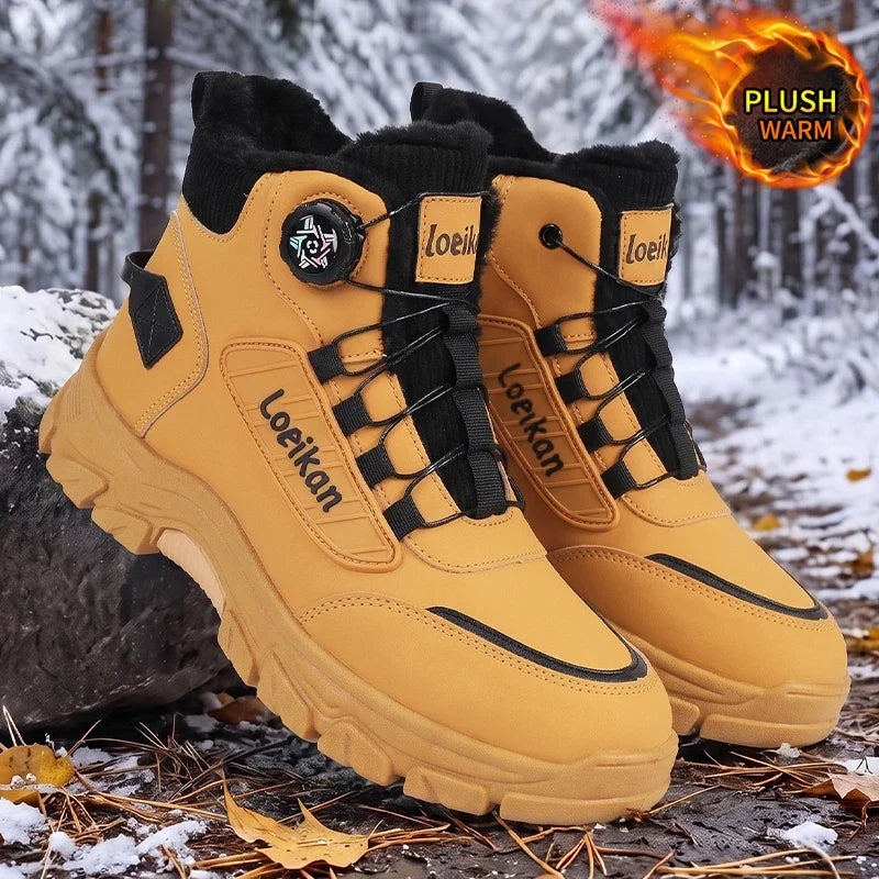 Botas de invierno cálidas de forro polar para hombre, con hebilla giratoria, caña alta, suela gruesa antideslizante, zapatos cómodos para la temporada fría y uso diario en la ciudad.