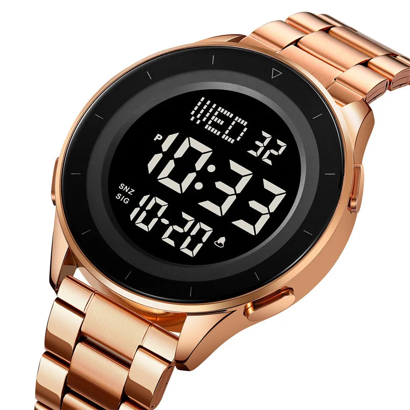 Reloj de pulsera digital LED con doble zona horaria Skmei, correa de acero de lujo, resistente al agua 3Bar, reloj deportivo militar para hombre con alarma