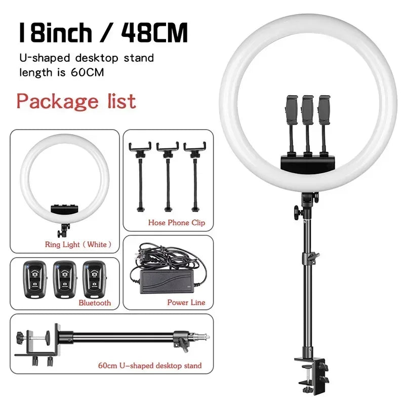 Aro de Luz LED de 45CM / 18 Pulgadas con Diferentes Estilos de Trípode o Soporte o Sin Soporte, Aro de Luz LED Grande de 18 Pulgadas con Control Remoto, Trípode, Soporte para Teléfono, Iluminación para Transmisiones en Vi