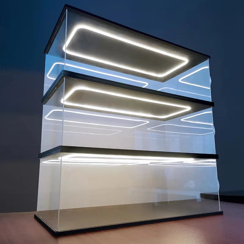 Vitrina de acrílico transparente premium con luz empotrada, varios tamaños disponibles, compatible con minifiguras de Lego y figuras de acción