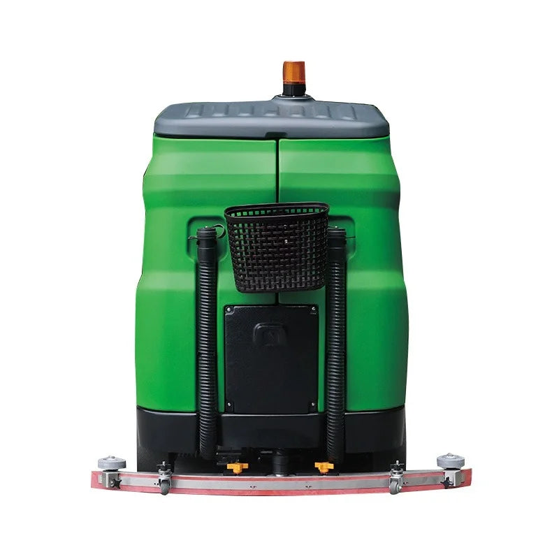 Robot de limpieza de suelos verde con torreta naranja y panel negro, vista frontal