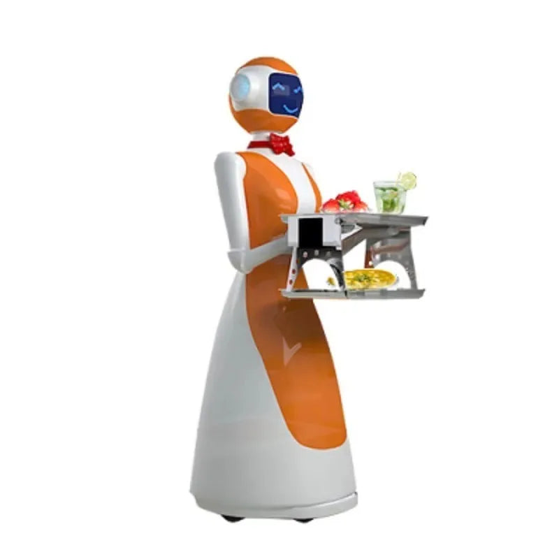 Robot camarero blanco y naranja con bandeja metálica para servir alimentos