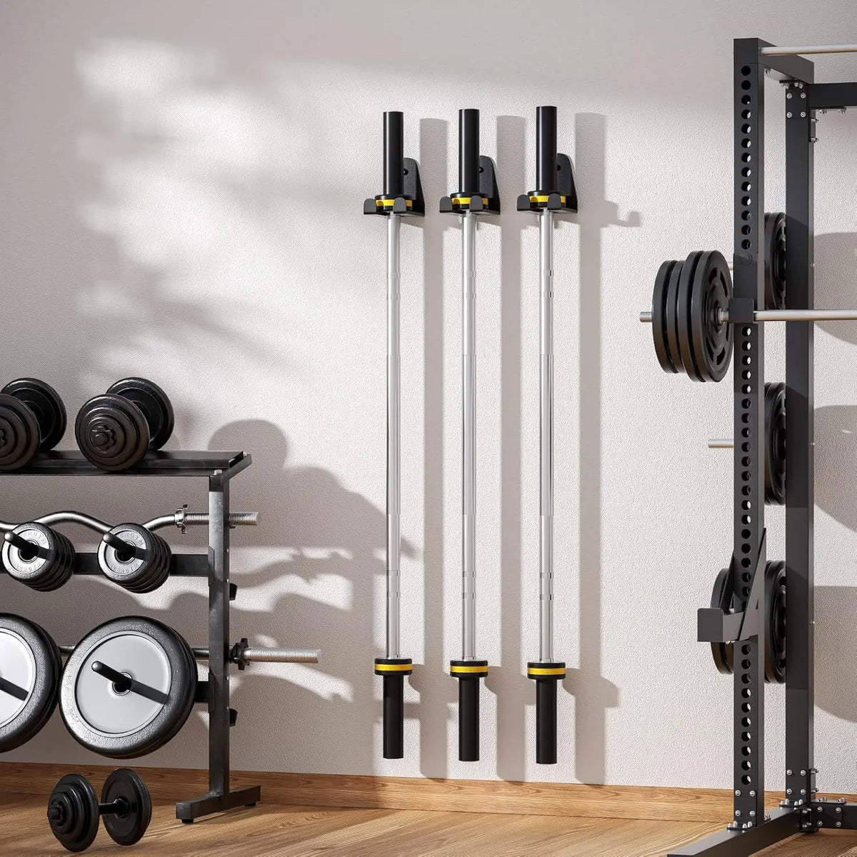 Soporte vertical para barras de pesas de 2 pulgadas, organizador de gimnasio de acero: solución para ahorrar espacio y guardar barras de pesas en el garaje o en el gimnasio de casa.