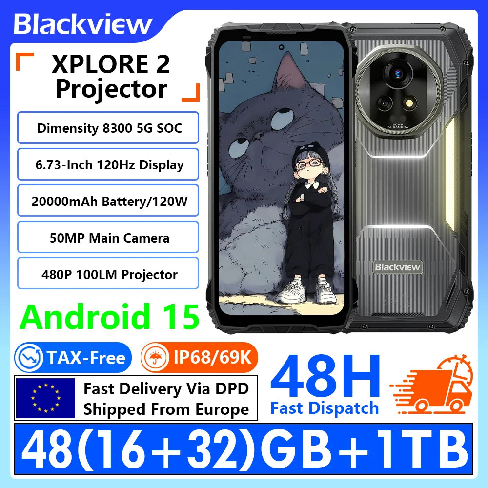 [Shipped From Within Europe]Blackview XPLORE 2 Projector 5G Rugged Phone 100-Inch 480P Ultra-Clear 100LM Projector 6.73-inch FHD+ 120Hz Display 48(12+36)GB RAM+1TB ROM MediaTeK Dimensity 8300 5G 20000mAh Battery 120W Fast Cha