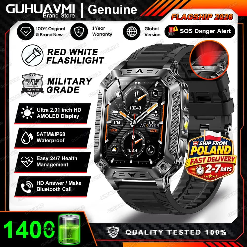 2026 HOT Upgraded Military Smart Watch Possess1400mAh Battery Capacity Outdoor IP68 Waterproof SOS Red And White LED Flashlight 100+Sport HD Call 2.01 inch Screen Watch