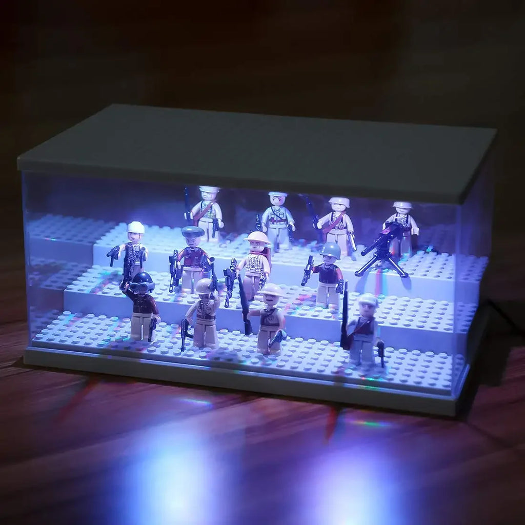 Vitrina para minifiguras con luces LED - Caja de exhibición de acrílico transparente a prueba de polvo para bloques de construcción y coleccionables