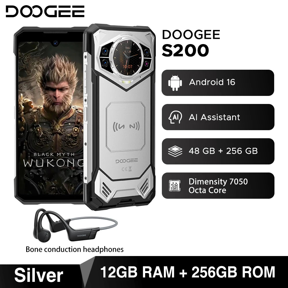 Estreno mundial del teléfono resistente DOOGEE S200 5G, pantalla de 6,72" a 120Hz, 48GB de RAM, 256GB de ROM, cámara principal IA de 100MP, 10100mAh, Android 16, NFC