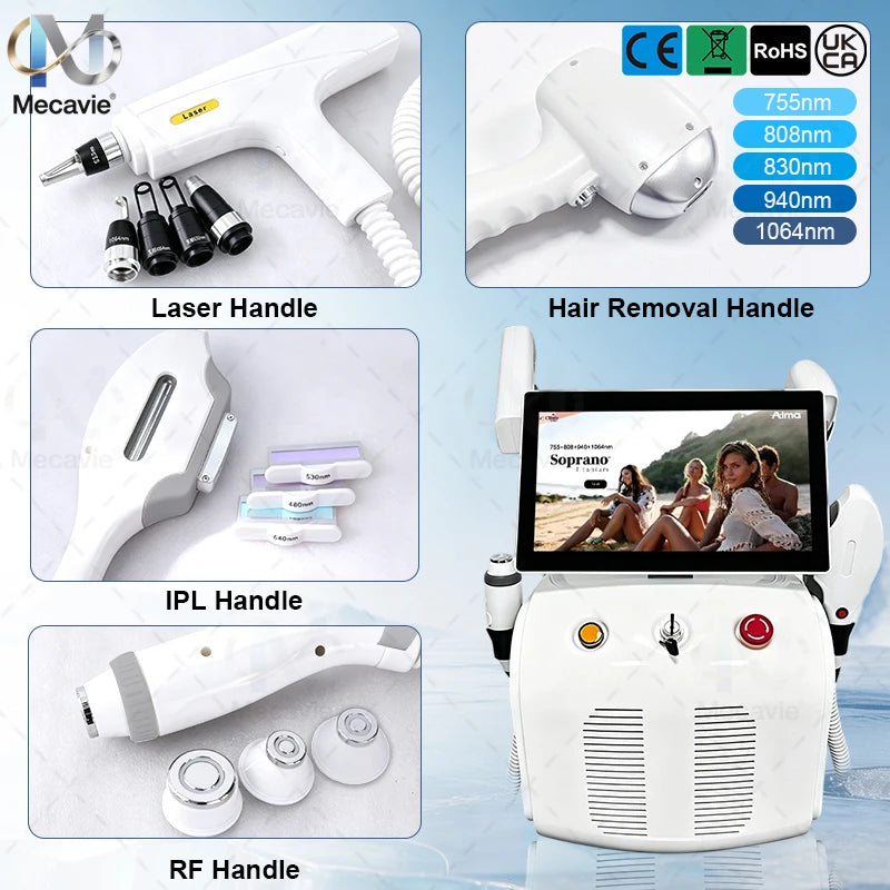 Máquina de Depilación Láser Sin Dolor 4 en 1 con Diodo RF Soprano de Titanio Ice Platinum 755/808/940/1064nm y Láser Nd:YAG de 4 Ondas