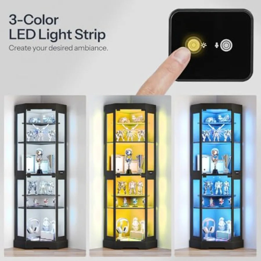 Vitrina esquinera negra: tiras LED de 3 colores, mando a mano y vistas frontal.
