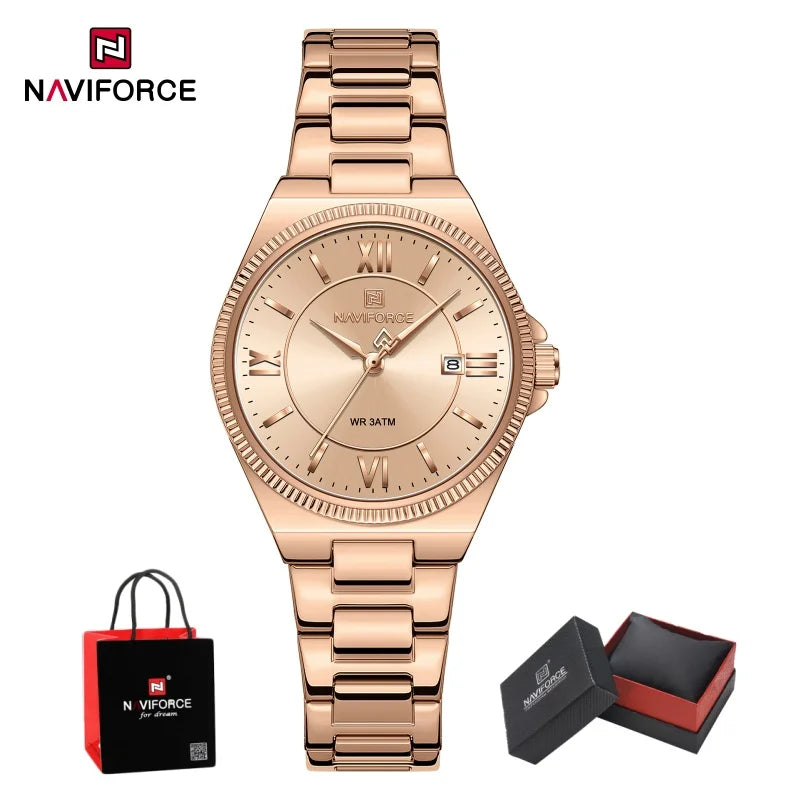 Reloj NAVIFORCE casual para mujer de acero inoxidable, resistente al agua 3ATM, con indicador de fecha, reloj de pulsera clásico para uso diario, caja de regalo incluida