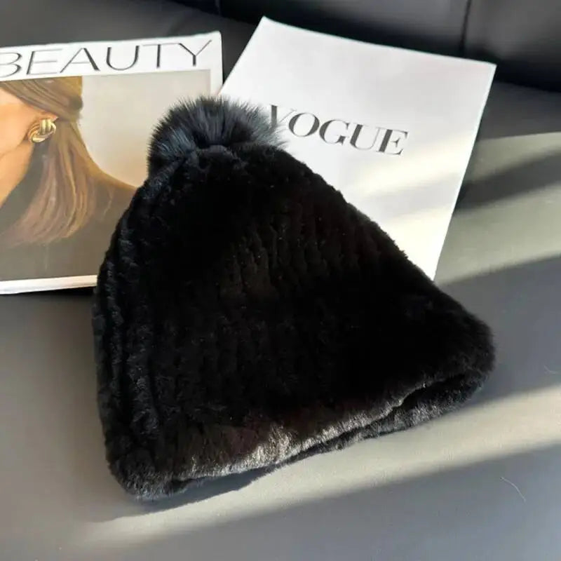 Gorro de piel de conejo Real Rex para mujer, gorro de invierno de piel gruesa, gorro cálido con protección para los oídos, gorro de piel tejido a mano, gorros de piel natural para exteriores