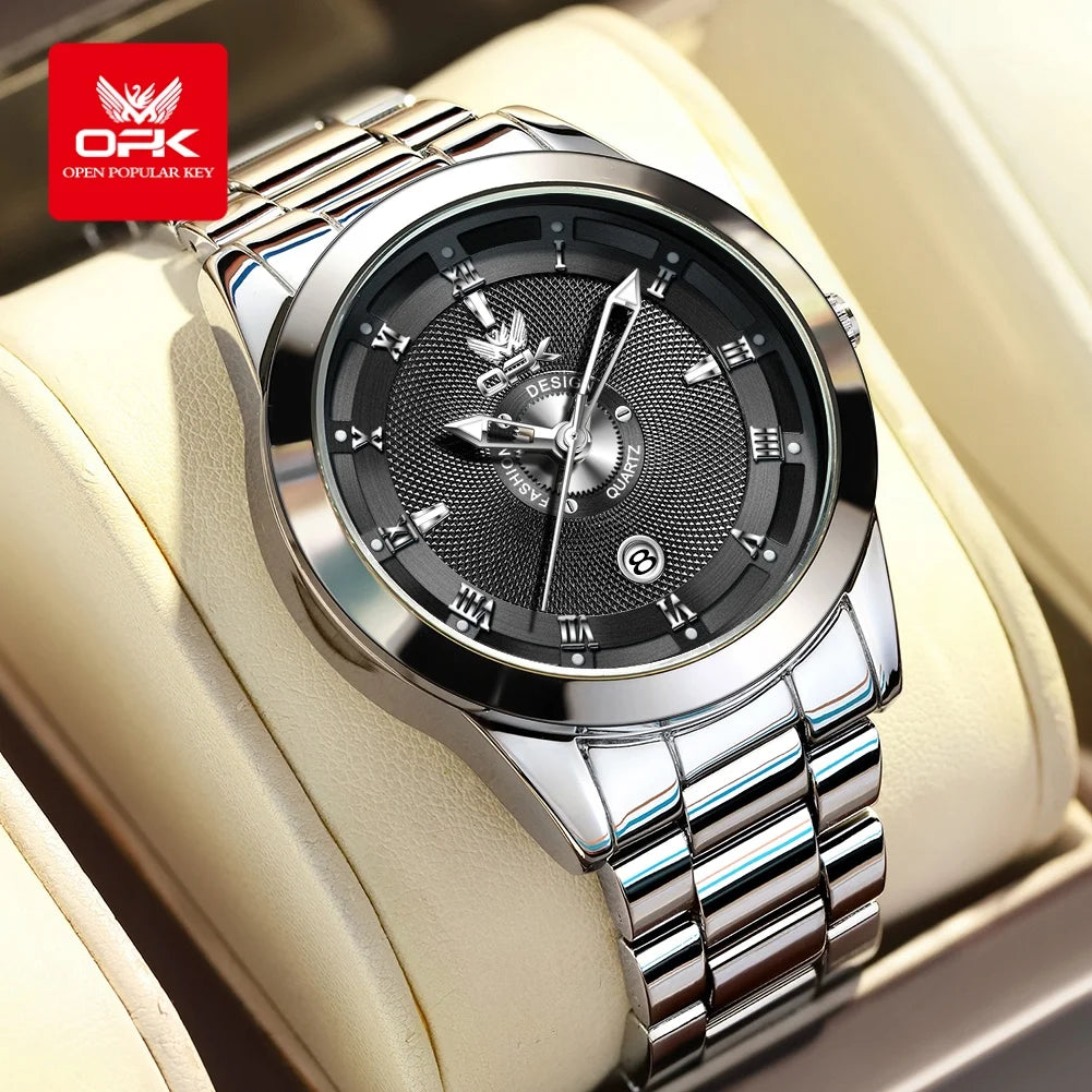 Reloj de cuarzo OPK 6056 para hombre, con números romanos, acero inoxidable, resistente al agua, calendario, luminoso, de alta calidad y original.