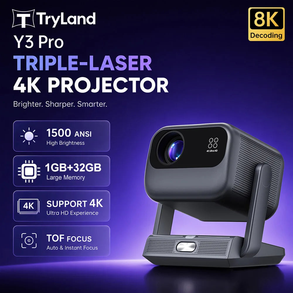 Proyector inteligente 4K Ultra HD con decodificación 8K, WiFi de doble banda, enfoque automático, Google TV, cine en casa, audio Dolby y tecnología láser.