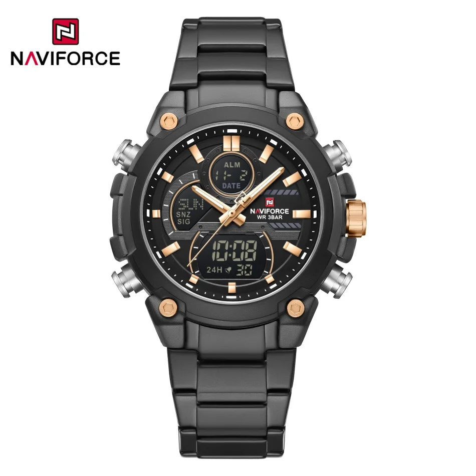 Nuevo reloj para hombre NAVIFORCE, resistente al agua, con cuenta regresiva, deportes, doble pantalla, reloj de pulsera de cuarzo, LCD, luminoso, alarma y reloj digital.