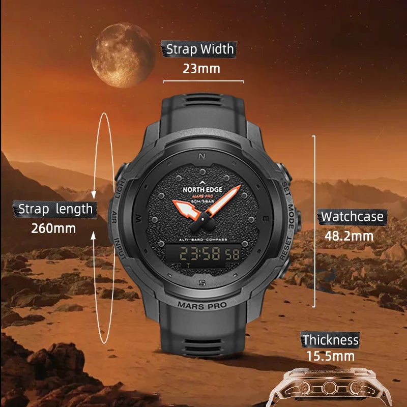 Reloj deportivo digital para hombre NORTH EDGE MARS Pro, caja de fibra de carbono, altímetro, barómetro, brújula, resistente al agua 50M