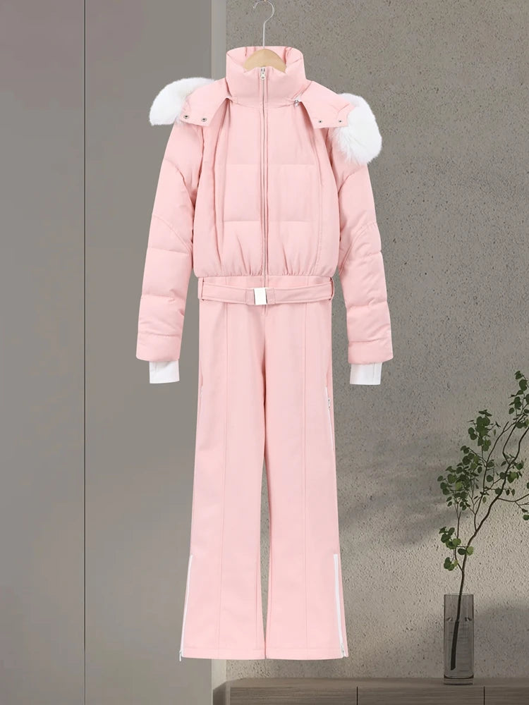 Mono de esquí liso con capucha y flecos, manga larga, cinturón en la cintura, resistente al agua, ropa de abrigo de invierno para mujer, traje de nieve a la moda 2025