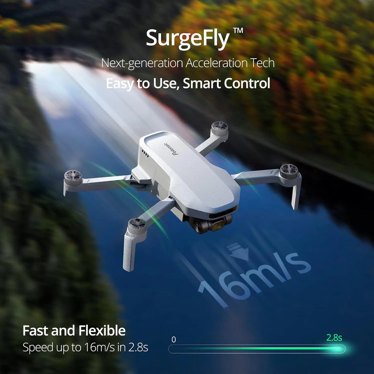Dron compacto blanco/gris en vuelo con cuatro hélices, ángulo lateral