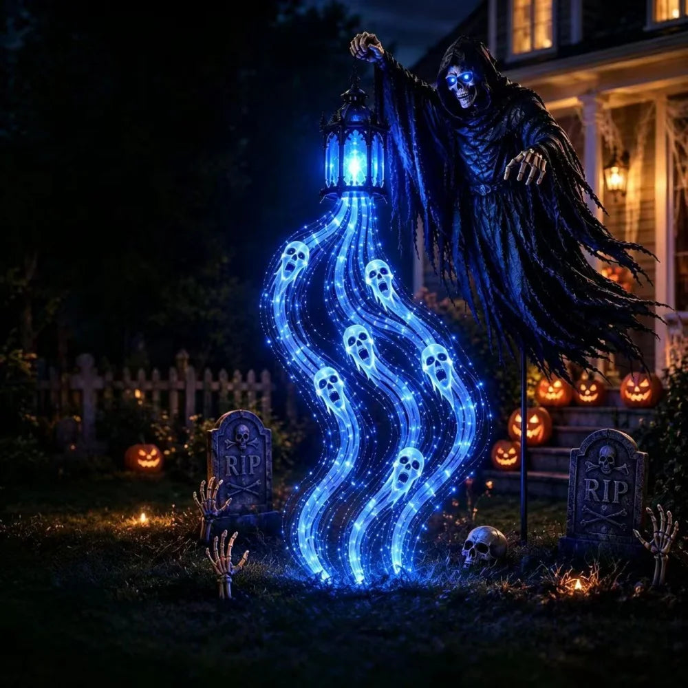 Estaca decorativa luminosa y animada de Segador de Almas para Halloween, luz de exterior de Segador de Almas para Halloween, espeluznante luz LED azul de alma fantasmal
