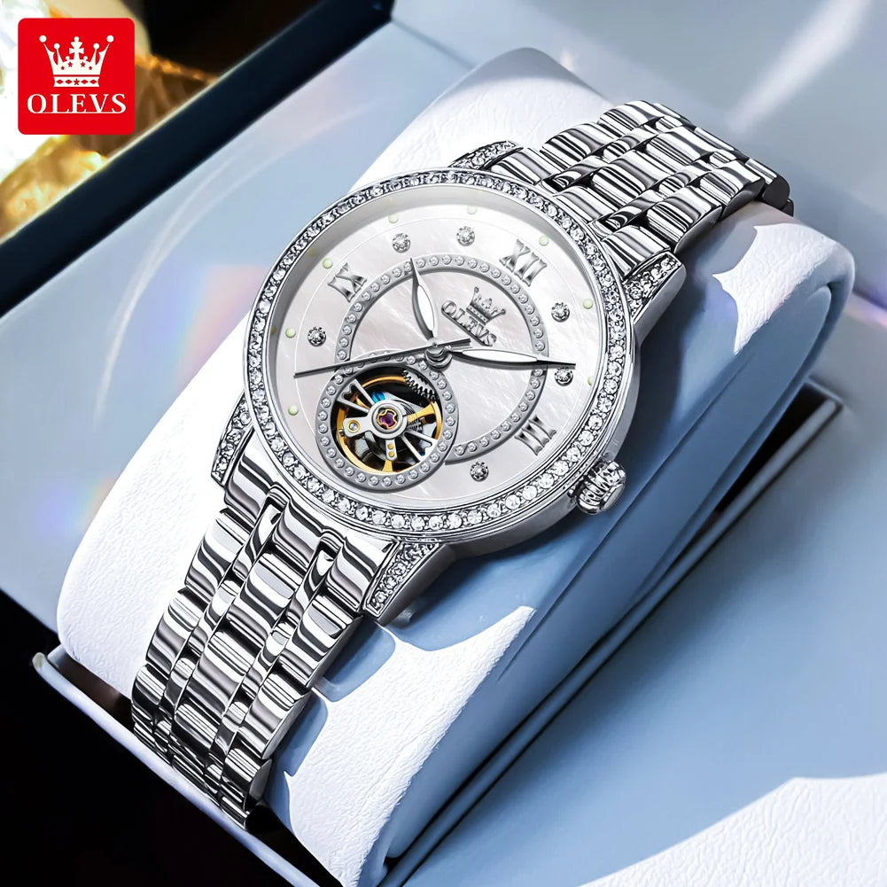 Reloj mecánico automático OLEVS 7036 para dama, esfera con diamantes, diseño de volante, marca TOP, elegante reloj para mujer, nueva tendencia