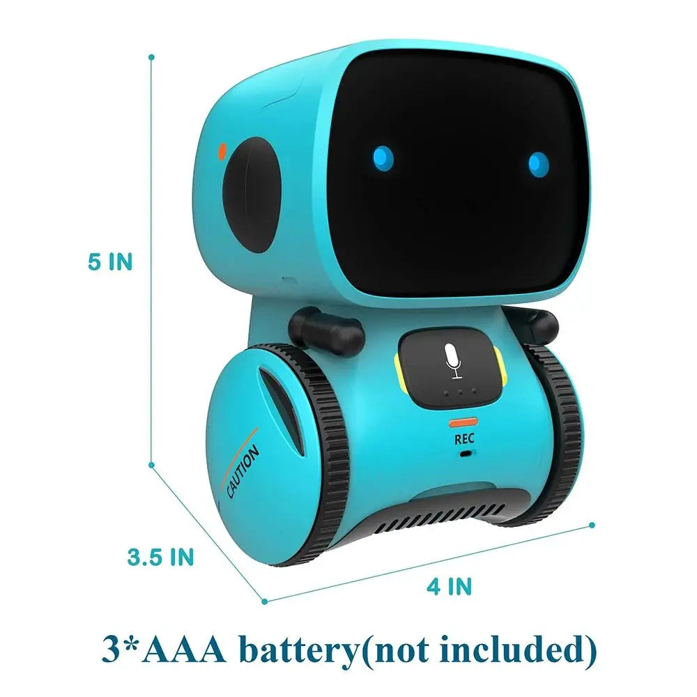 Robot de juguete turquesa con pantalla negra y botón REC, vista frontal con medidas