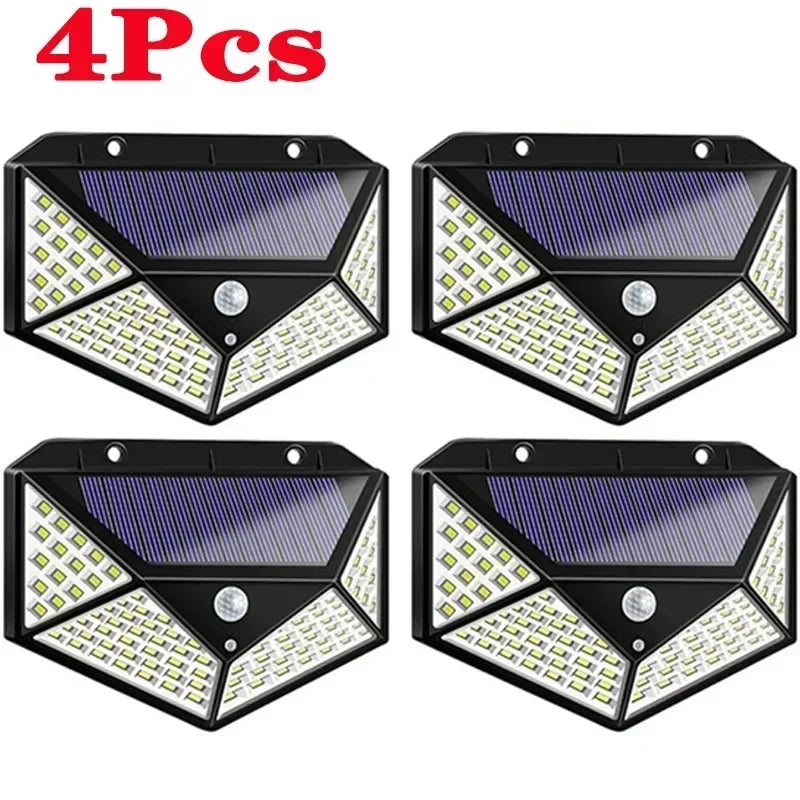 1/2/4 unidades Lámparas solares de pared de 100 LED, luz solar exterior con sensor de movimiento, lámpara de calle alimentada por energía solar para jardín y luz nocturna