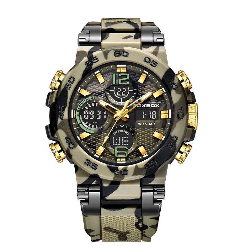 Reloj militar para exteriores FOXBOX, reloj digital de silicona con camuflaje de moda para hombre, reloj de cuarzo deportivo impermeable para hombre