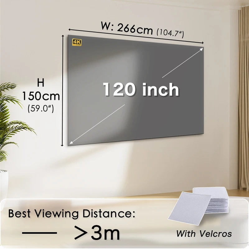 Pantalla de proyector 120 pulgadas 16:9 con velcros, 266×150 cm