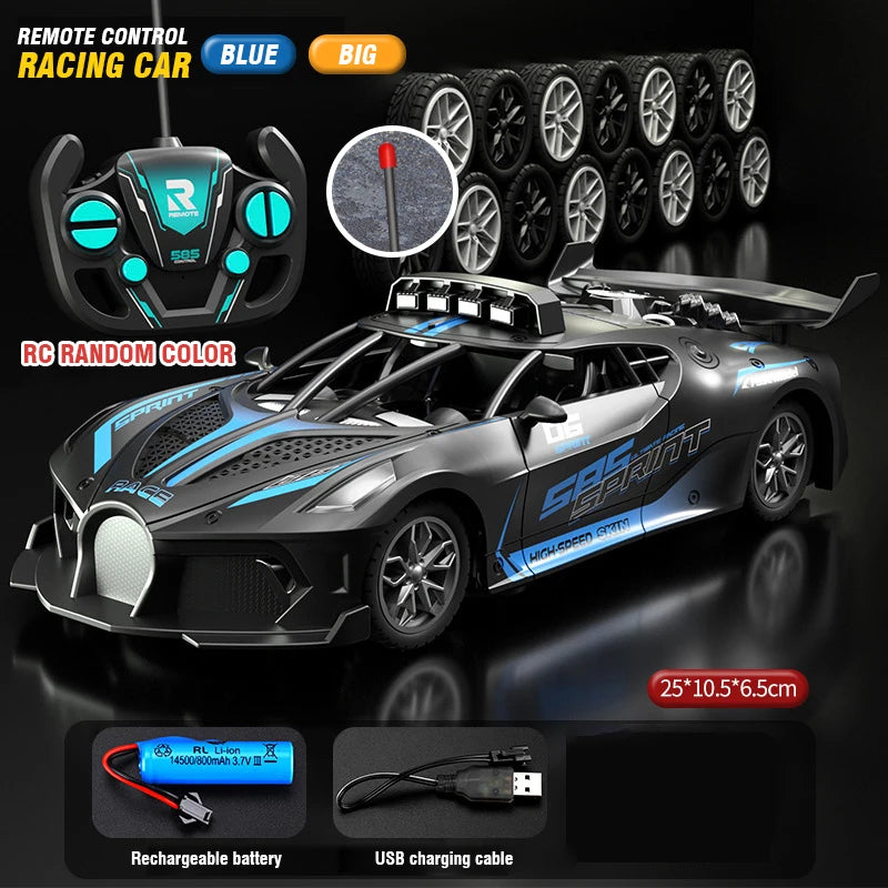 Carro RC teledirigido gris con detalles azules y mando negro con botones.