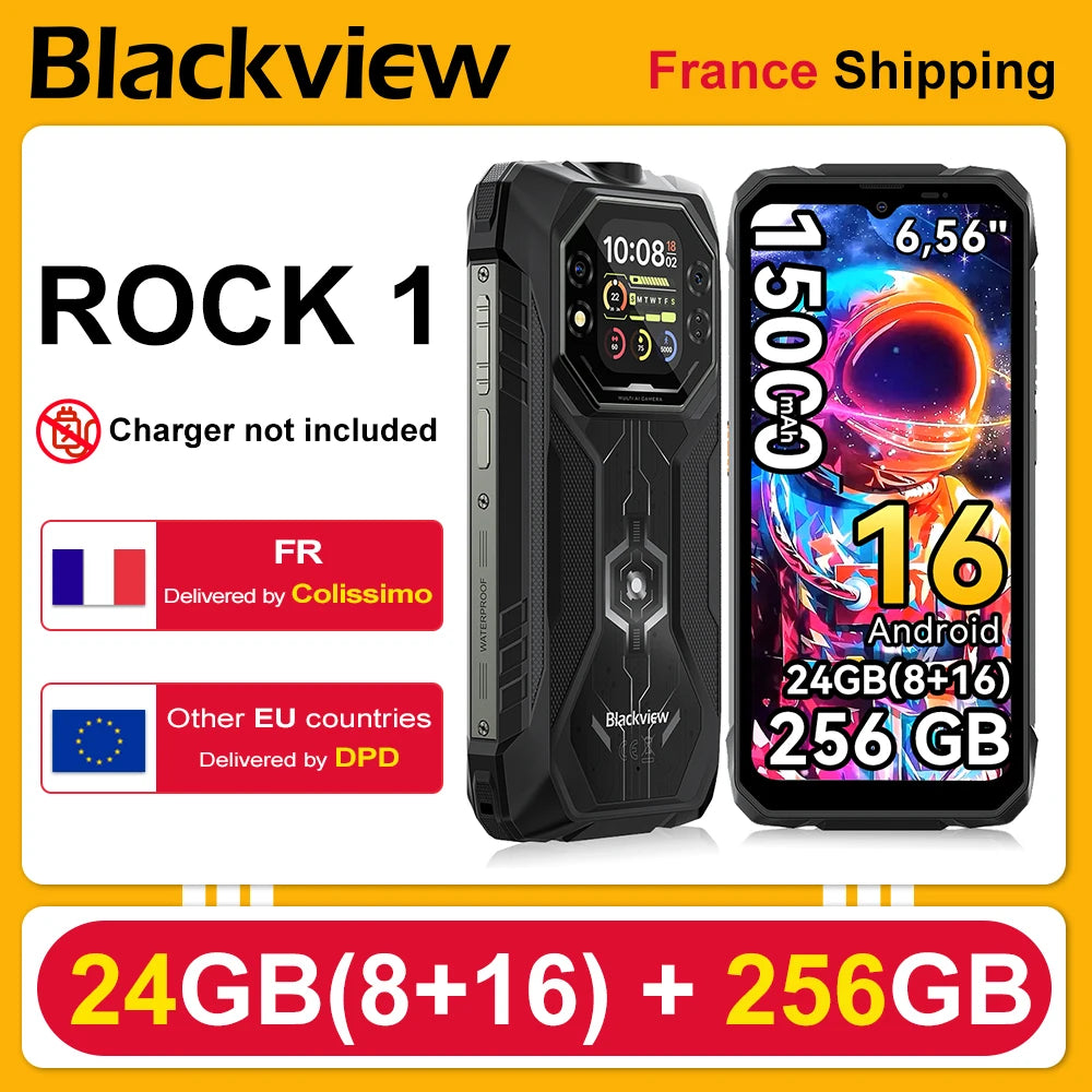 Smartphone robusto Blackview ROCK 1 [Cargador no incluido para la UE] Android 16 24GB(8+16GB) RAM 256GB ROM 6.56'' 90Hz 15000mAh 33W