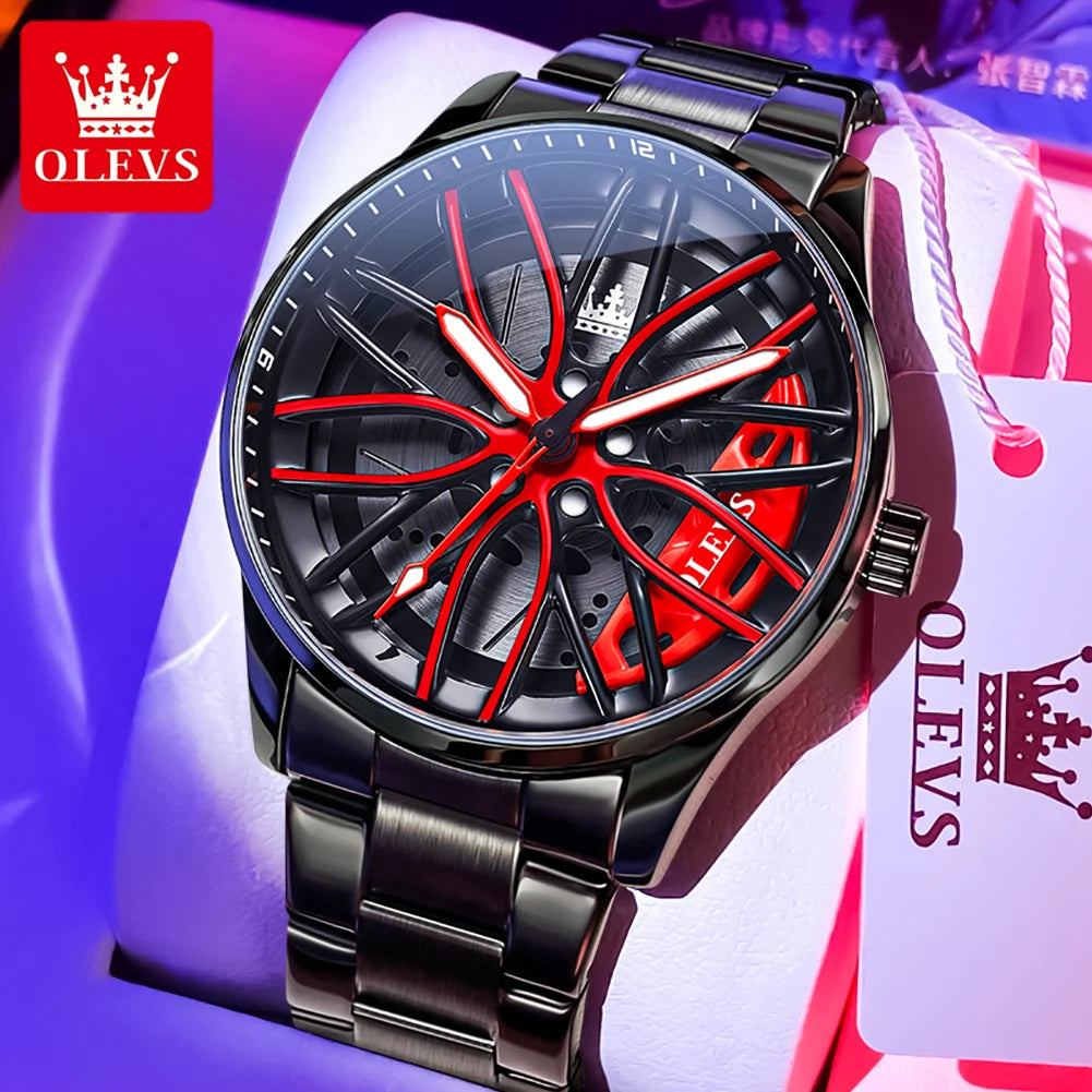 Reloj de lujo para hombre OLEVS 9937, resistente al agua, diseño de llanta de coche deportivo, reloj de cuarzo para hombre, de alta calidad, a la moda, el más vendido, luminoso.