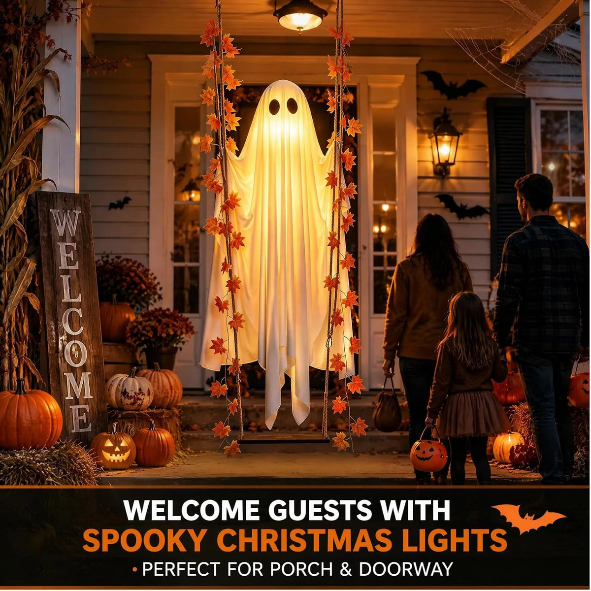 Fantasma columpio colgante luminoso de Halloween, fantasma volador ajustable en brillo, adorno para jardín, con control remoto LED