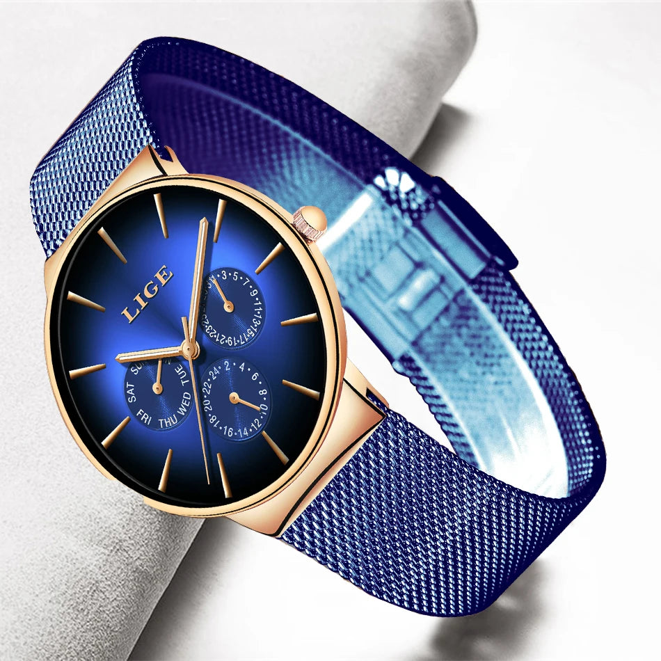 Nuevo reloj de moda para mujer LIGE elegante, lujoso, sencillo, ultrafino, con correa de malla de acero, de cuarzo, resistente al agua y con calendario casual.