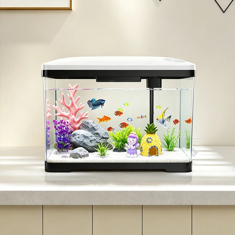 Mini pecera para peces betta, acuario de escritorio ecológico para sala de estar, tanque para mascotas pequeñas, pecera de plástico transparente con tapa